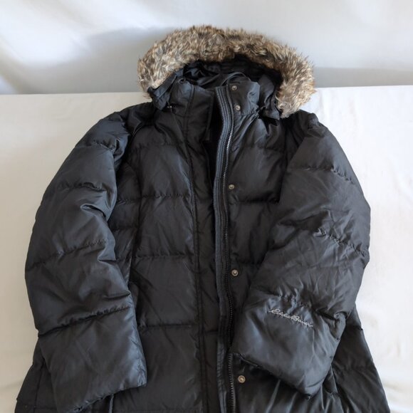 Eddie Bauer Women's Black Long Down Jacket Parka FUR HOOD DOWN FILLING, Large - Picture 3 of 11